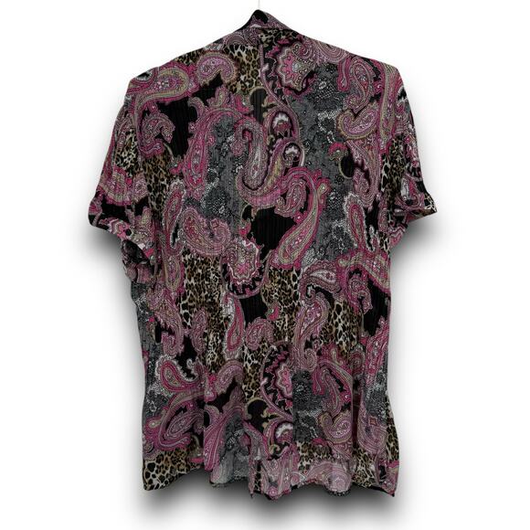 Y2K Sunny Leigh Plisse Paisley Print Short Sleeve Button Up Shirt, Tie Neck - Picture 4 of 6